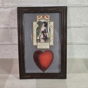 Antique Gold Embossed Valentines Card w/ Hanging Heart Matted and Framed